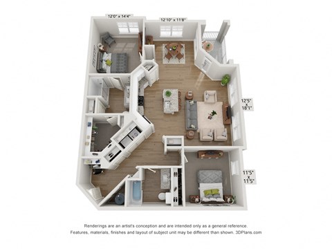 Floor plan for 2 beds, 2 baths, 1347 sqft
